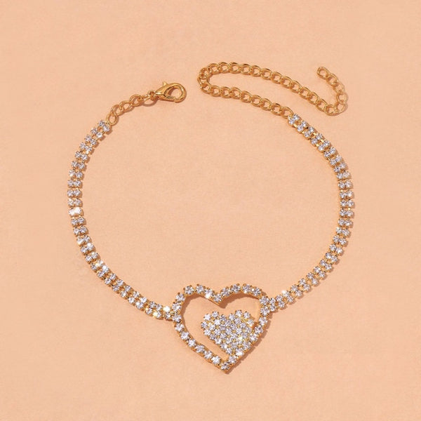 Rhinestone Double Heart Bling Anklet Bracelet for Women
