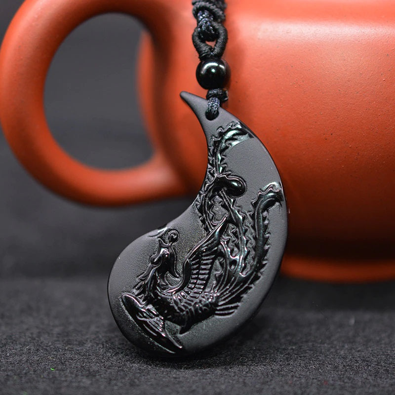 1 Pair Obsidian Taichi Dragon and Phoenix Lucky Pendant Set for Unisex