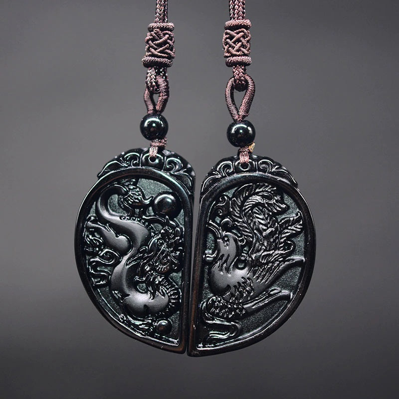1 Pair Obsidian Taichi Dragon and Phoenix Lucky Pendant Set for Unisex