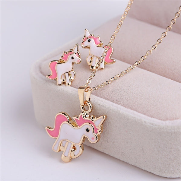 4 in 1 Cartoon Unicorn Earring Necklace Jewelry Set