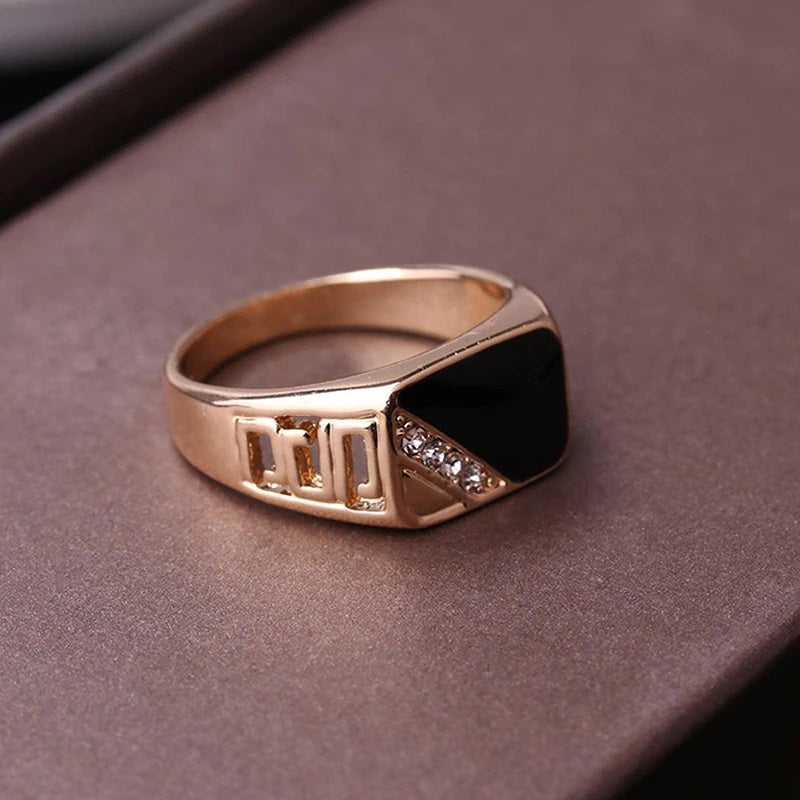 Fashion Male Classic Gold Rhinestone Black Enamel Ring