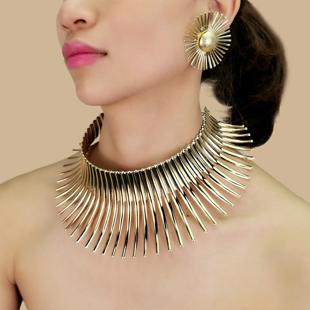 African Gold Metal Choker-style Necklace + Earring Set