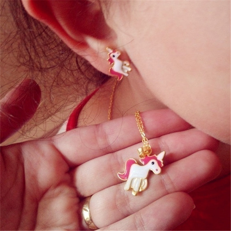 4 in 1 Cartoon Unicorn Earring Necklace Jewelry Set