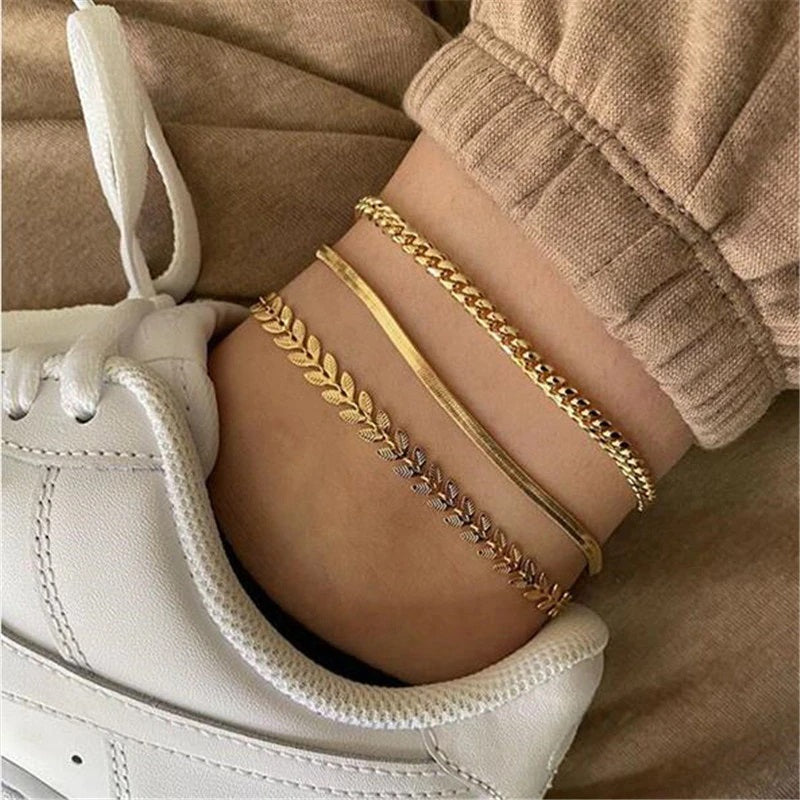 3Pcs/Set Simple Gold Chain Beach Anklet Jewelry
