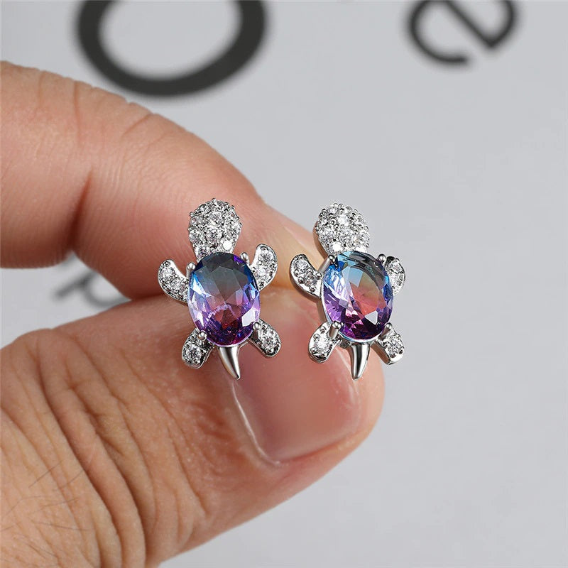 Blue Purple Oval Gradient Zircon Stone Turtle Stud Earrings for Women’s Fashion