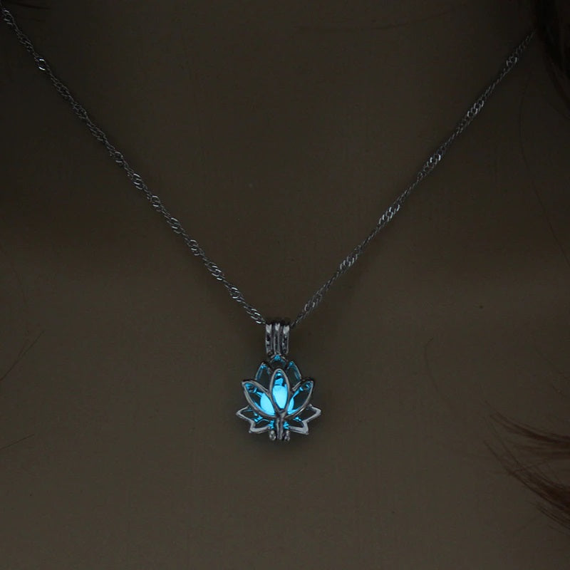 Luminous Glow in the Dark Moon Lotus Flower Shaped Pendant Necklace