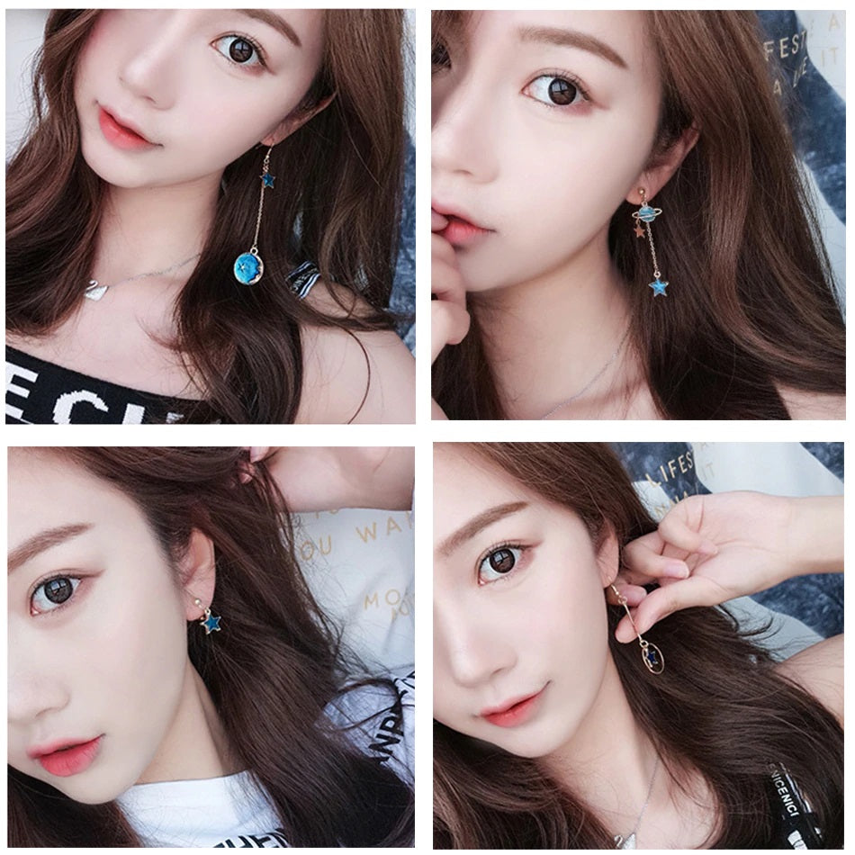 Korean Style Asymmetrical Fresh Enamel Blue Star Planet Moon Charming Earrings