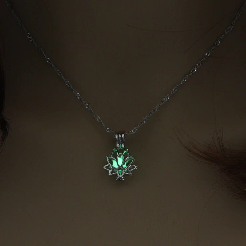 Luminous Glow in the Dark Moon Lotus Flower Shaped Pendant Necklace