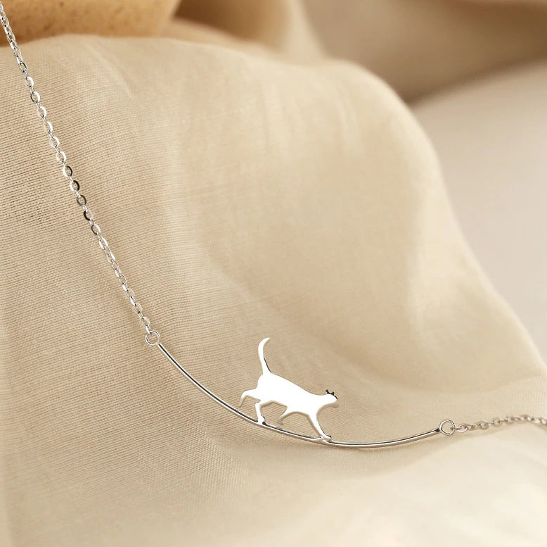 Fashion Cat Curved Simple 925 Sterling Silver Jewelry Chain Necklace