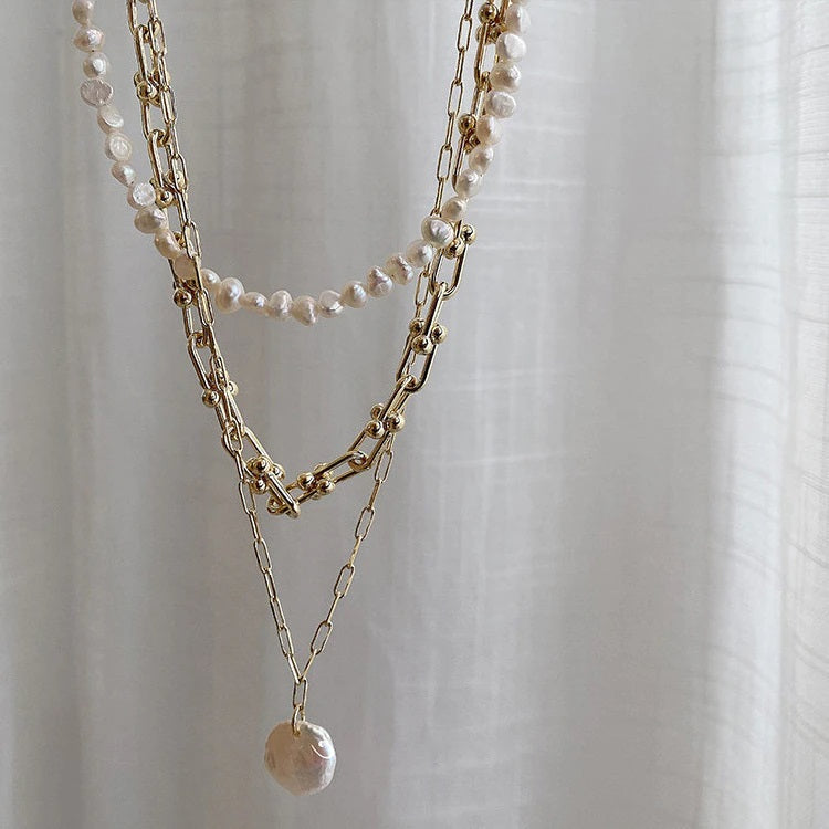 Vintage Irregular Gold Plated Pearl Link Chain Layered Necklace