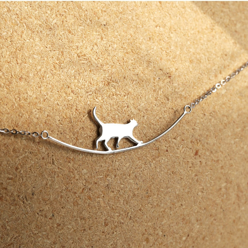 Fashion Cat Curved Simple 925 Sterling Silver Jewelry Chain Necklace