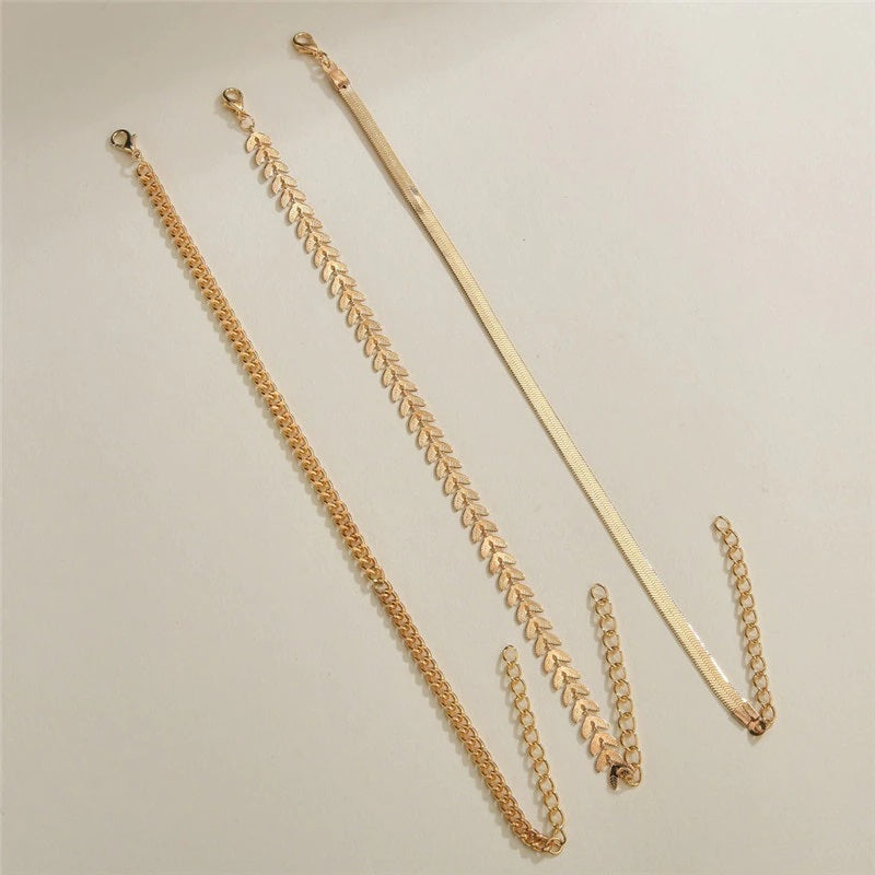 3Pcs/Set Simple Gold Chain Beach Anklet Jewelry