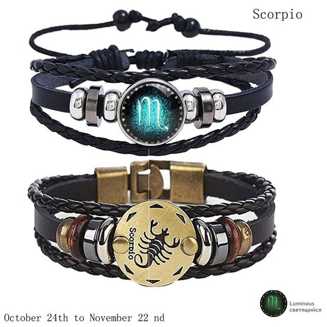 2 Pcs/Set Constellation Luminous Charm Leather Bracelet