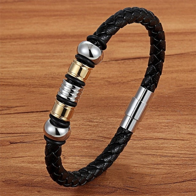 Fashion Stainless-Steel Charm Genuine Leather Bracelet