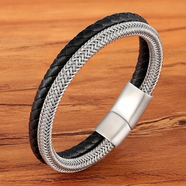 Fashion Stainless-Steel Charm Genuine Leather Bracelet