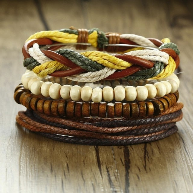 3-4Pc/Set Bohemian Leather Band Unisex Vintage Poker Bracelet