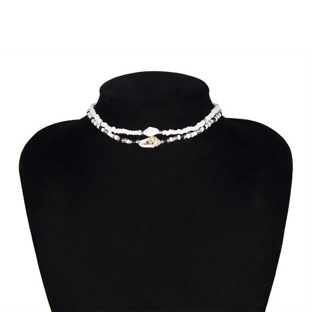 SHIXIN Separable 2 Layered White/Black Beads Necklaces Korean Small Beaded Conch Shell Choker Necklace for Women Fashion Collar