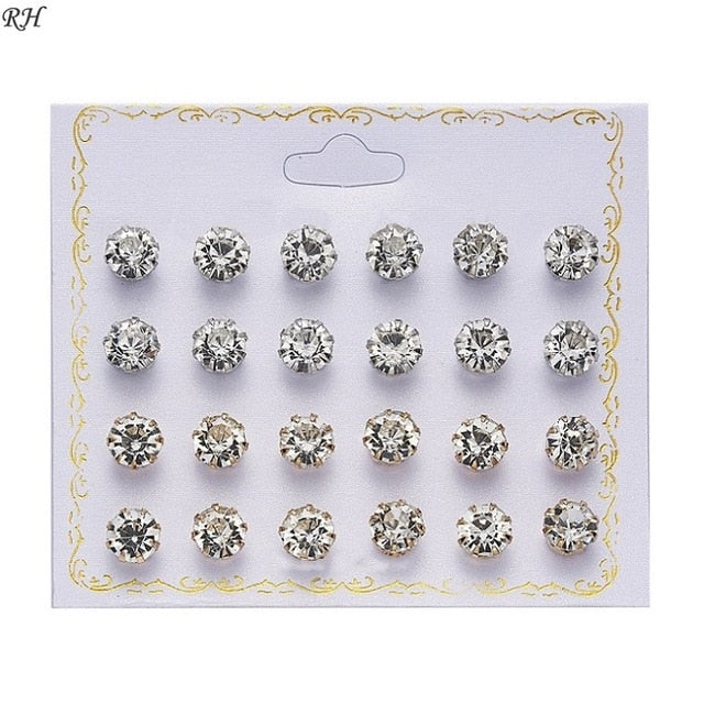 12pairs/set Crystal Simulated Pearl Cubic Zirconia Earring Set