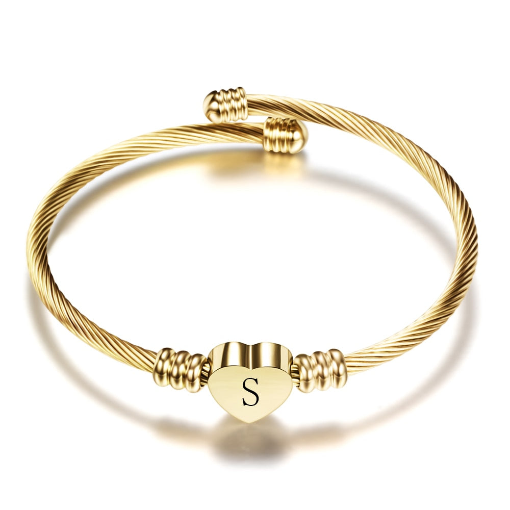 Women's Bracelets, Gold Color S Letter Name Heart Bracelet Bangle