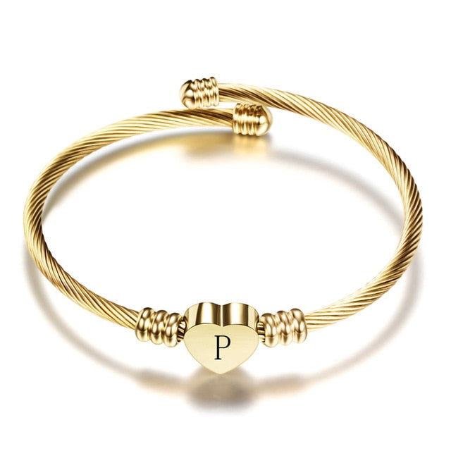 Fashion Girls Gold Color Stainless Steel Heart Bracelet Bangle With Letter Fashion Initial Alphabet Charms Bracelets For Women