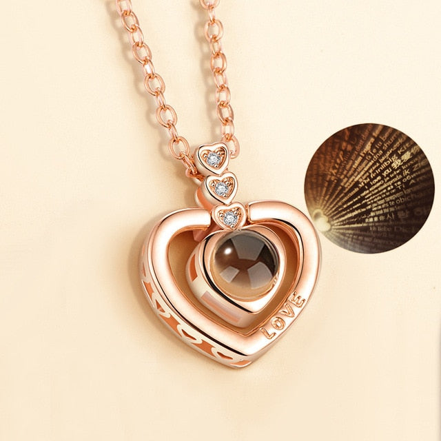 Rose Gold 100 Languages I Love You Projection Pendant Necklace for women Jewelry Love Memory Wedding Necklace Valentine's Day