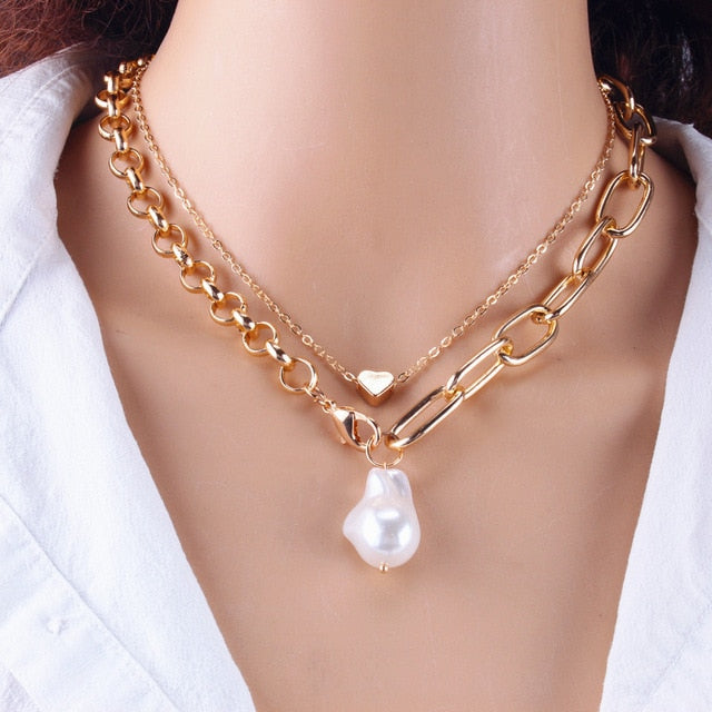 Women's Handcrafted Dual Strand Pendant - Pearl and Metal Clamp
