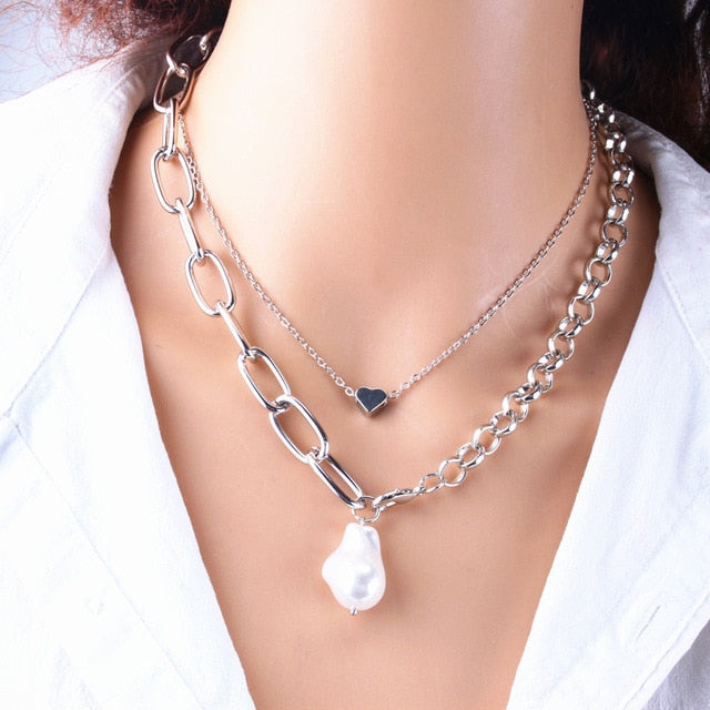 Women's Handcrafted Dual Strand Pendant - Pearl and Metal Clamp