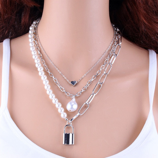 Layered Pearl Fashion Geometric Pendant Necklaces for Women