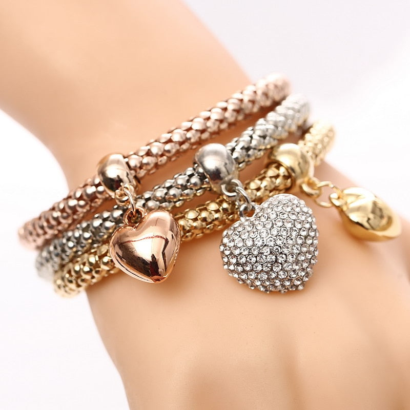 3 Pcs/Set Crystal Heart Charm Alloy Bracelet