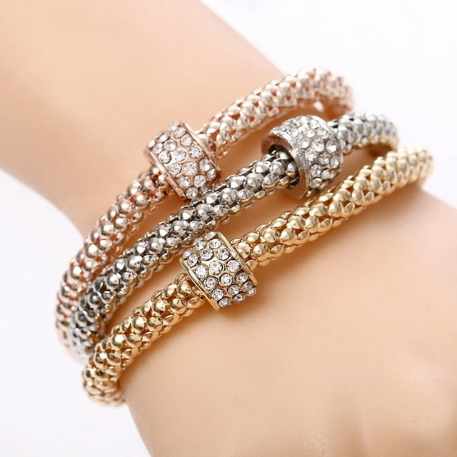 3 Pcs/Set Crystal Heart Charm Alloy Bracelet