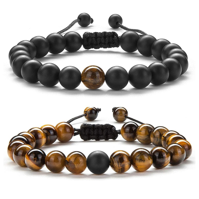 2Pcs/Set Natural Tiger Stone Onyx Bead Unisex Bracelet
