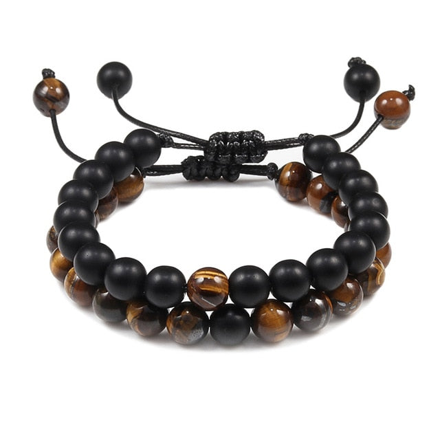 2Pcs/Set Natural Tiger Stone Onyx Bead Unisex Bracelet