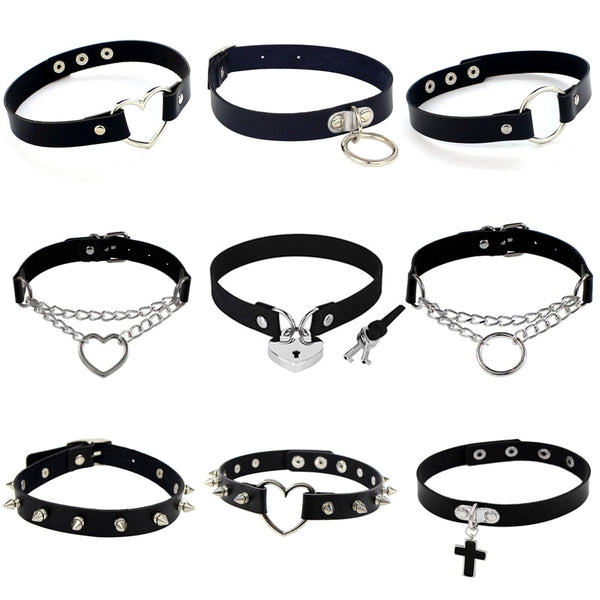 Punk PU Leather Lock Key Heart Round Spike Rivet Collar Studded Choker Necklace Body Birthday Party Gift chocker Jewelry