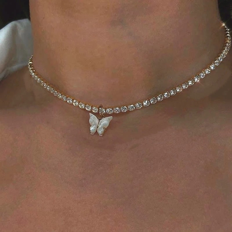 Dazzling Pearl Multicolour Rhinestone Butterfly Pendant Necklace for Women