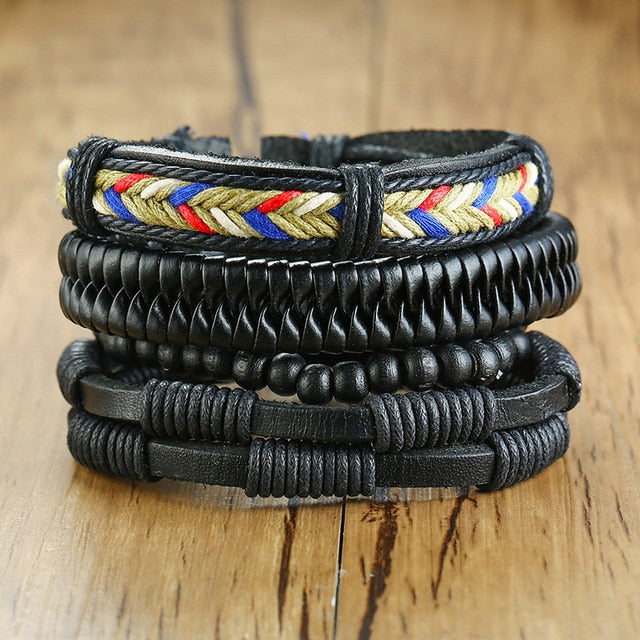 3-4Pc/Set Bohemian Leather Band Unisex Vintage Poker Bracelet