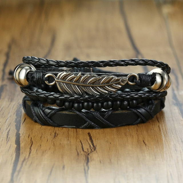 3-4Pc/Set Bohemian Leather Band Unisex Vintage Poker Bracelet