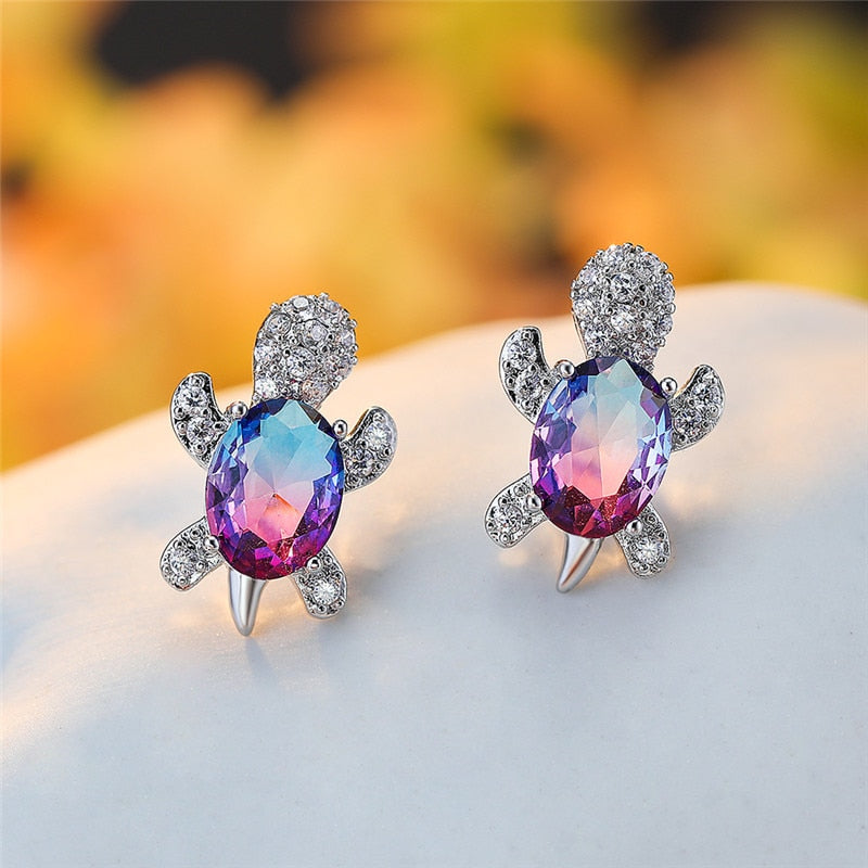 Blue Purple Oval Gradient Zircon Stone Turtle Stud Earrings for Women’s Fashion