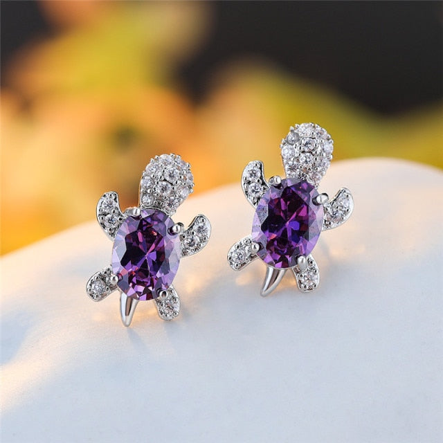 Blue Purple Oval Gradient Zircon Stone Turtle Stud Earrings for Women’s Fashion