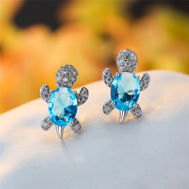 Blue Purple Oval Gradient Zircon Stone Turtle Stud Earrings for Women’s Fashion