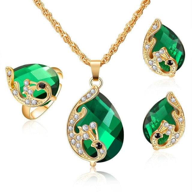 Peacock Crystal Wedding Jewelry Necklace and Earring Set