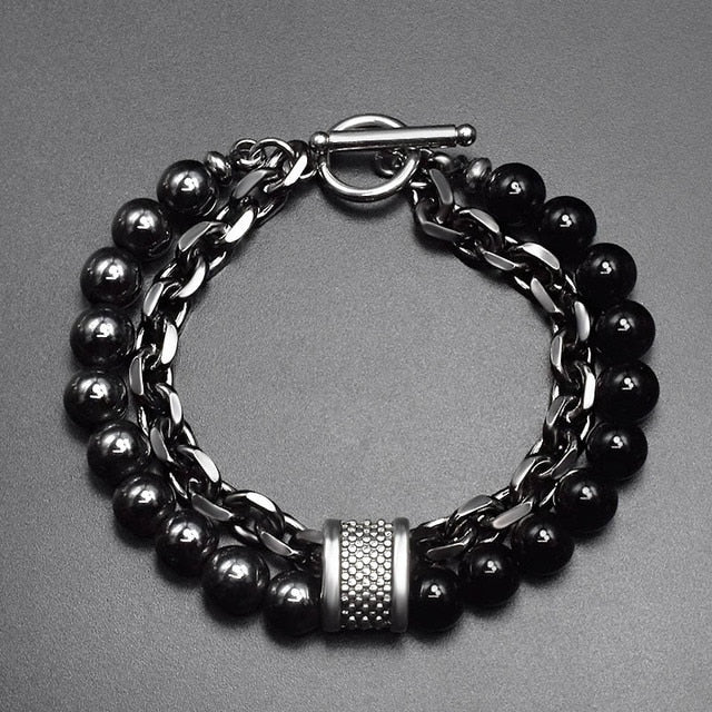 New 2020 Men's Tiger Eye Stone Beaded Bracelet Stainless Steel Gunmetal Link Chain Yoga Bracelet Male Jewelry.