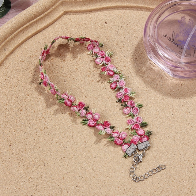 Korean Boho Flower Charm Choker Lace Necklace for Women