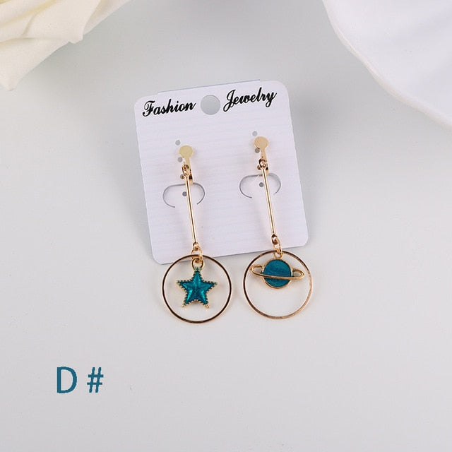 Korean Style Asymmetrical Fresh Enamel Blue Star Planet Moon Charming Earrings