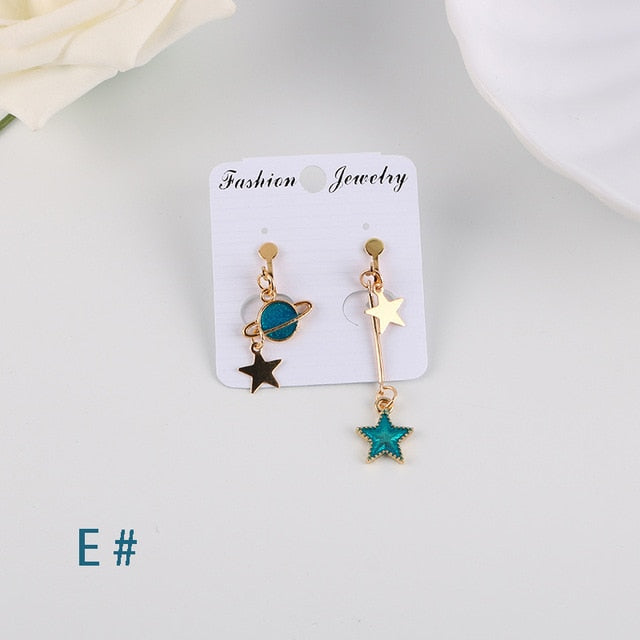 Korean Style Asymmetrical Fresh Enamel Blue Star Planet Moon Charming Earrings