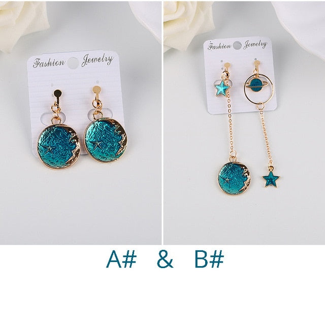 Korean Style Asymmetrical Fresh Enamel Blue Star Planet Moon Charming Earrings