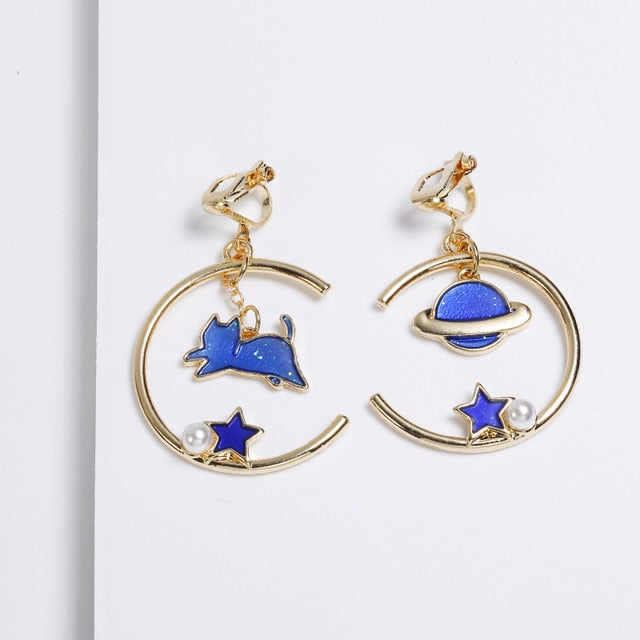 Korean Style Asymmetrical Fresh Enamel Blue Star Planet Moon Charming Earrings
