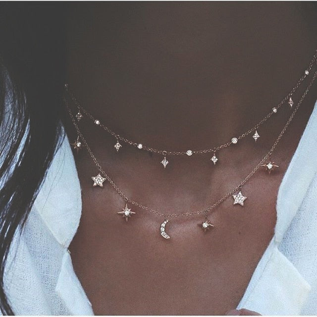 Bohemian Multi-layer Moon Star Necklace For Women. Pendants Necklaces Choker Jewelry.