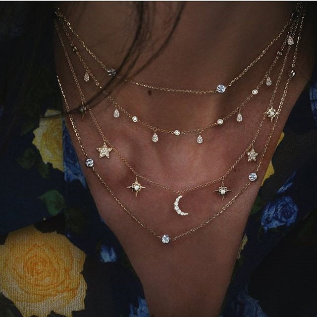 Bohemian Multi-layer Moon Star Necklace For Women. Pendants Necklaces Choker Jewelry.