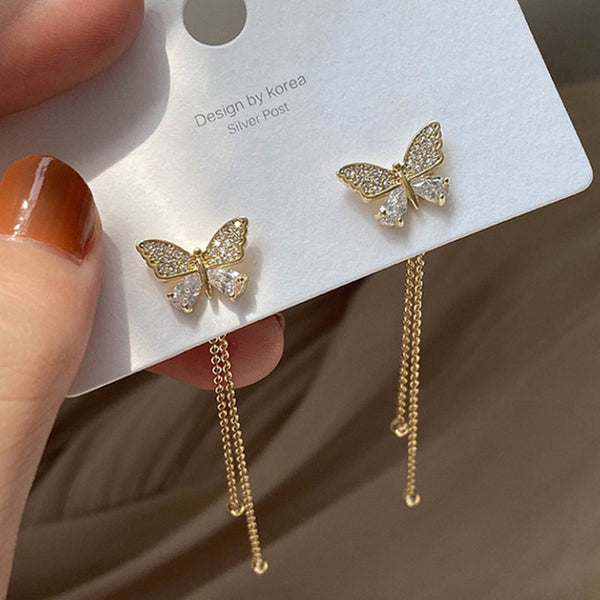 Women Long Tassel Earrings Korean Sweet Butterfly Rhinestone Earring Elegant Geometric Hanging Earring Jewelry.