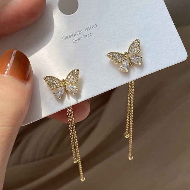 Women Long Tassel Earrings Korean Sweet Butterfly Rhinestone Earring Elegant Geometric Hanging Earring Jewelry.